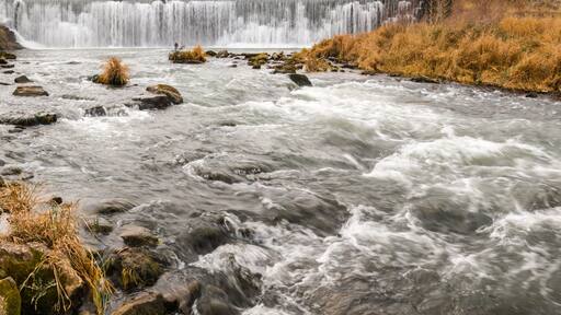 The Root River Drops Over Root River Falls and the Historic Dam in Laneboro, Minnisota, USA