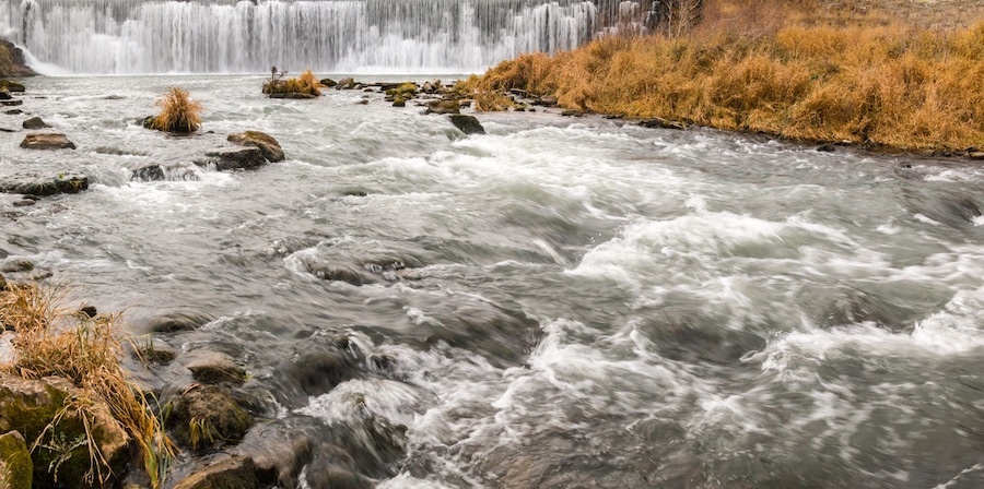 The Root River Drops Over Root River Falls  and the Historic Dam in Laneboro, Minnisota, USA