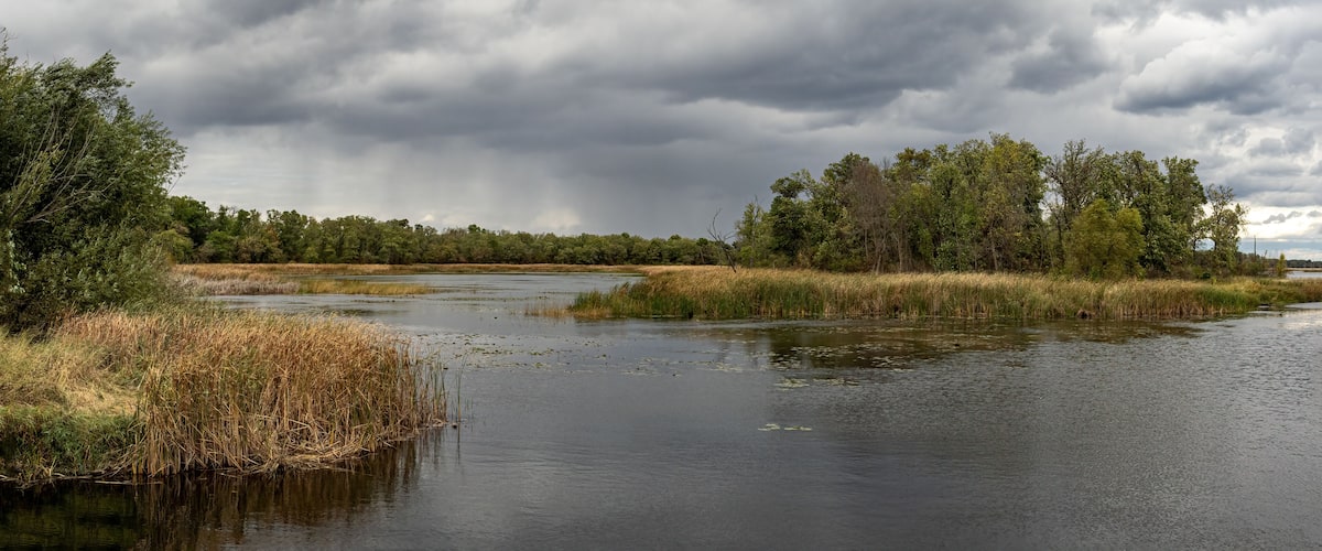 beautiful autumn landscape scenery with colors water clouds trees and grass