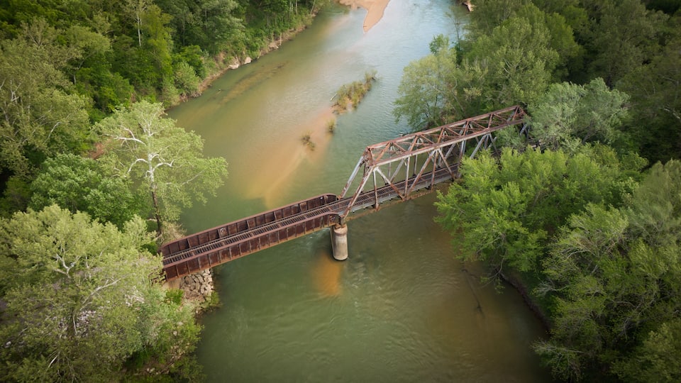 A rusted bridge over a river surrounded by dense green forest.
