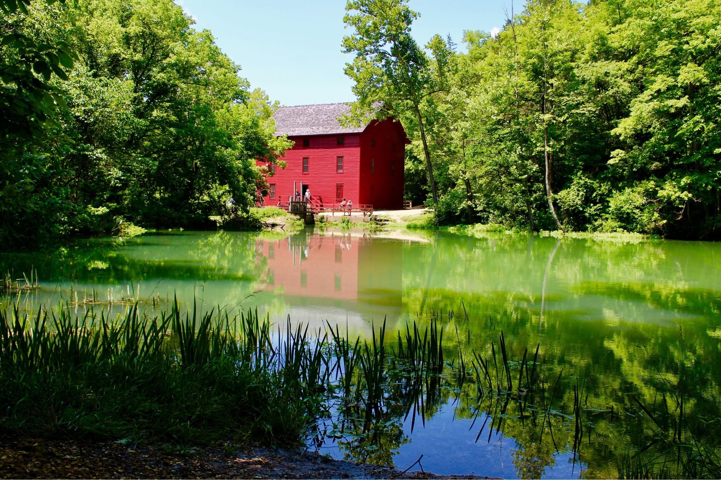 A red barn surrounded by lush green trees and a calm pond.