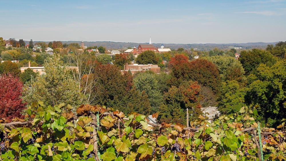 Fall view of Hermann, MO, from the Stone Hill Winery.