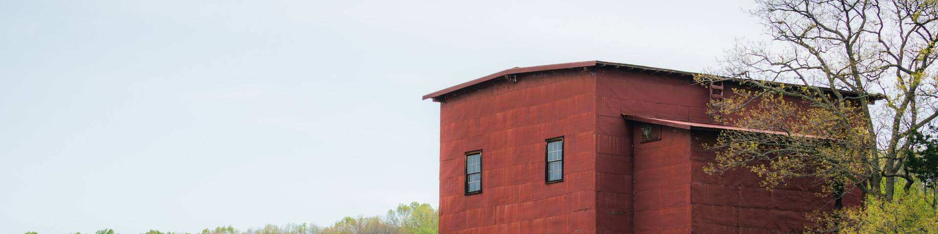 A historic red mill in the Ozarks of Missouri.
