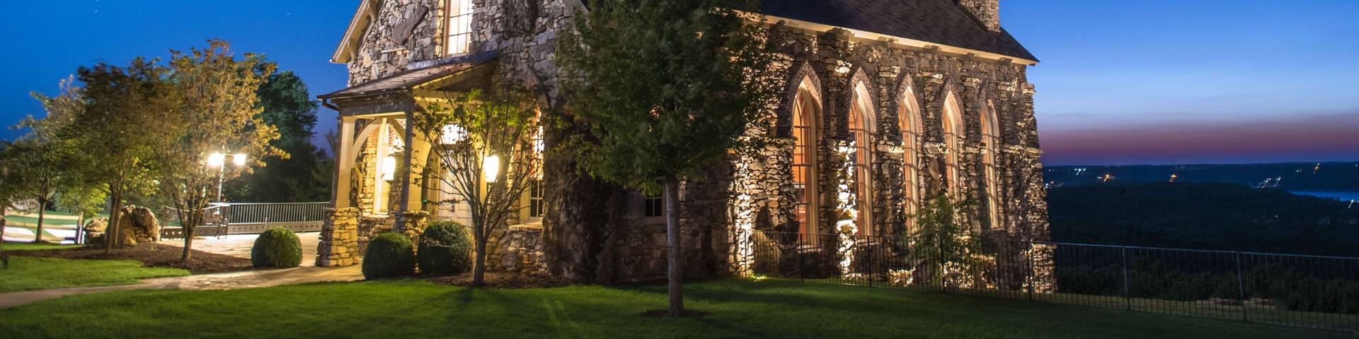 Chapel of the Ozarks at Big Cedar Lodge at sunset in Ridgedale, Missouri.
