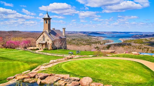 Stunning church on golf course overlooking lakes in early spring