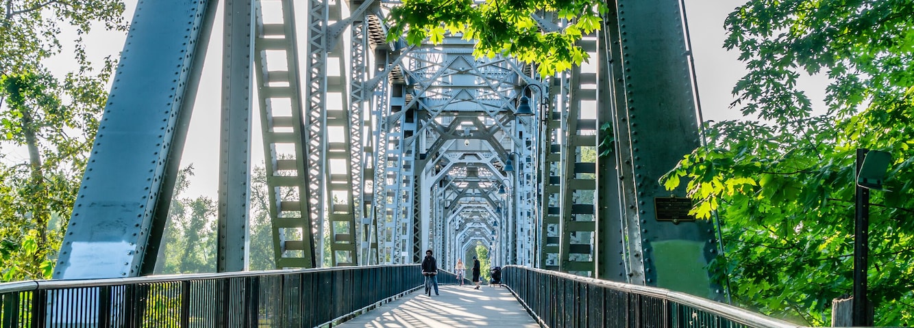 A pedestrian bridge with a metal truss structure, surrounded by green foliage.