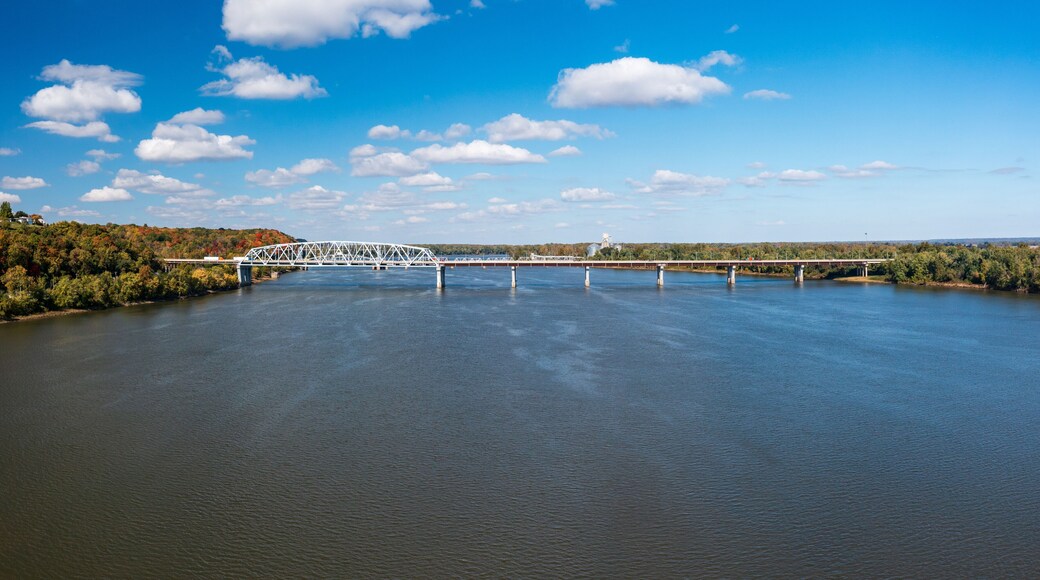 Aerial view of the Mark Twain Memorial highway river bridge between Hannibal Missouri and Illinois