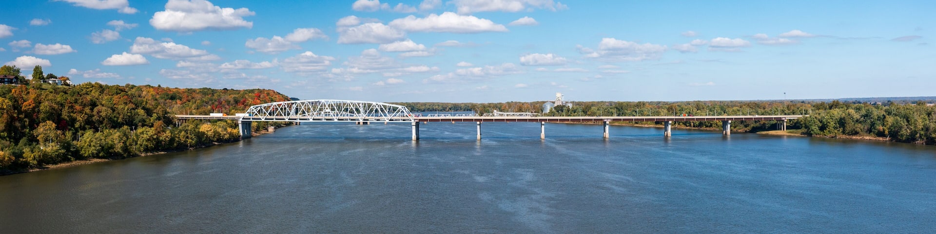 Aerial view of the Mark Twain Memorial highway river bridge between Hannibal Missouri and Illinois