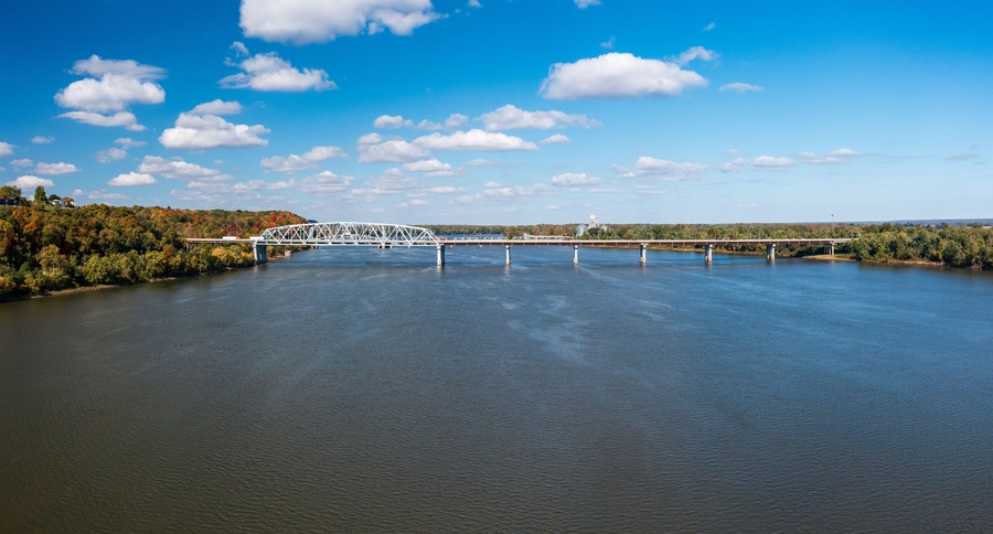 Aerial view of the Mark Twain Memorial highway river bridge between Hannibal Missouri and Illinois