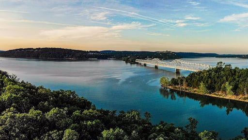 Panoramic Lake at Sunrise with Bridge
