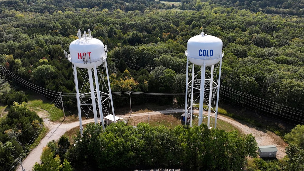 Aerial view of Hot and Cold Water Towers in St. Clair, Missouri