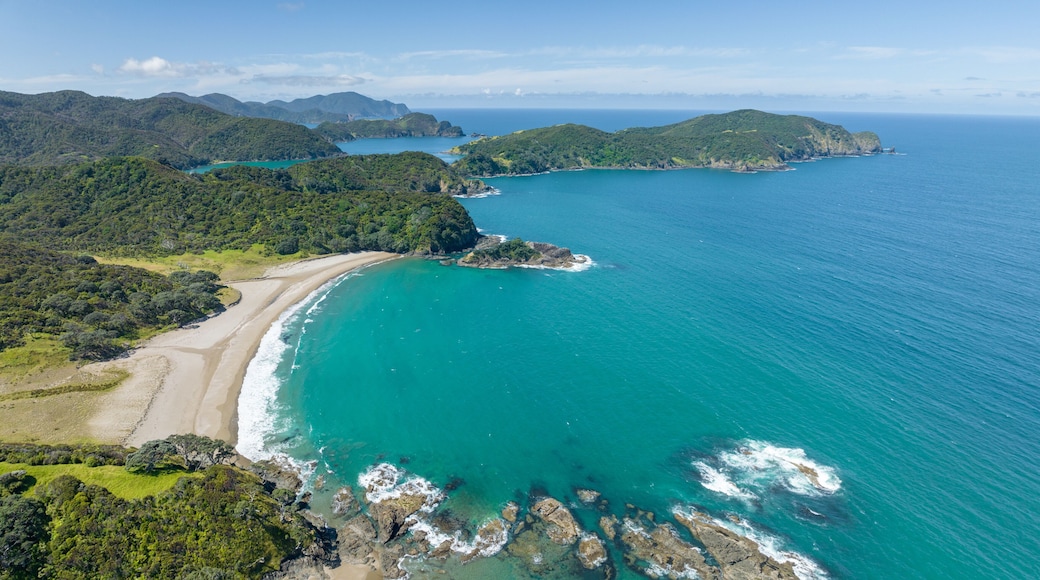A coastal landscape with a sandy beach, turquoise waters, and green hills.