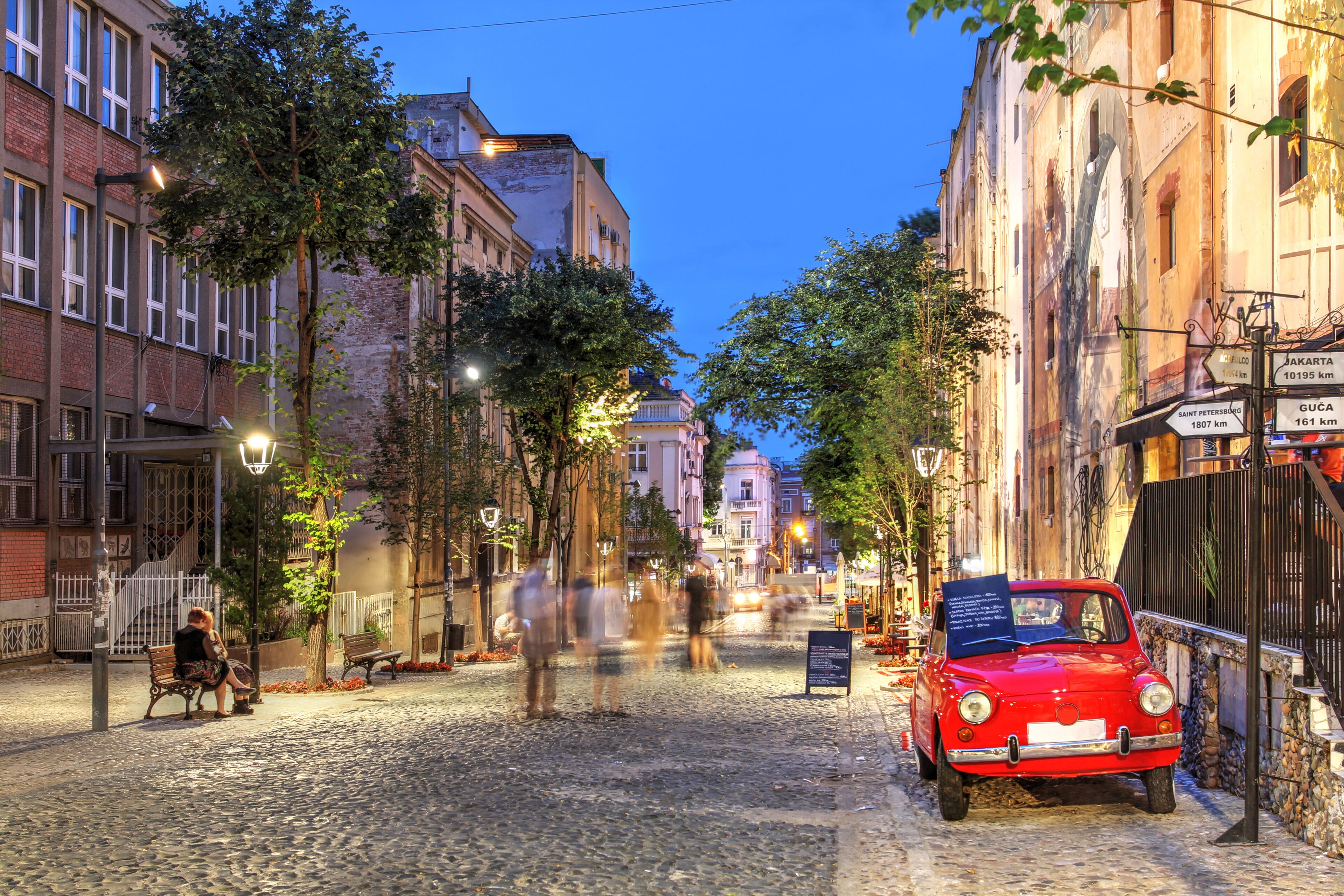 Night scene along Skadarlija Street, Belgrade, Serbia