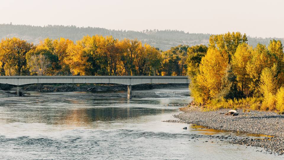 A river with a bridge, autumn-colored trees, and a rocky riverbank.