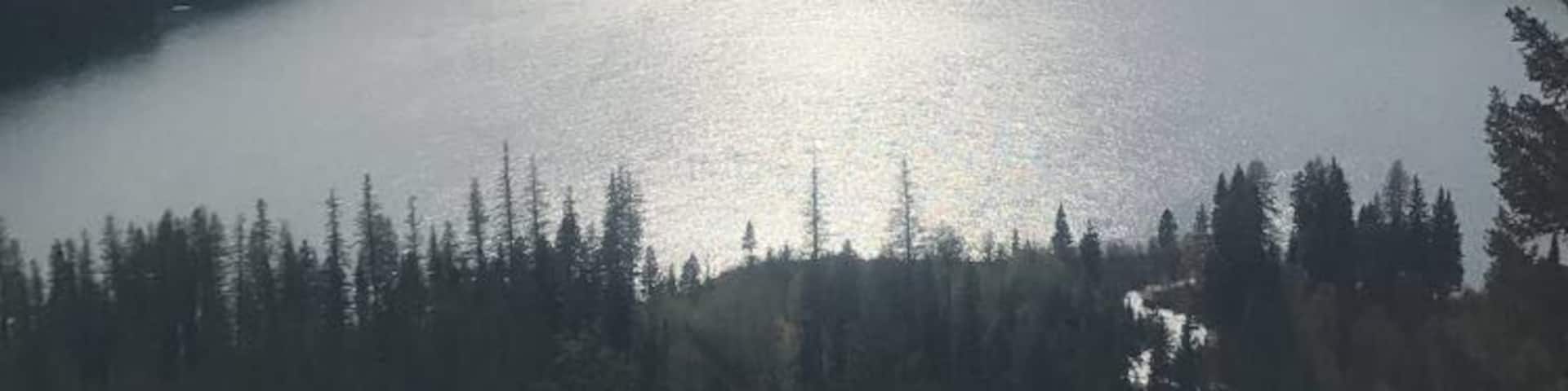 A lake surrounded by forest and mountains.