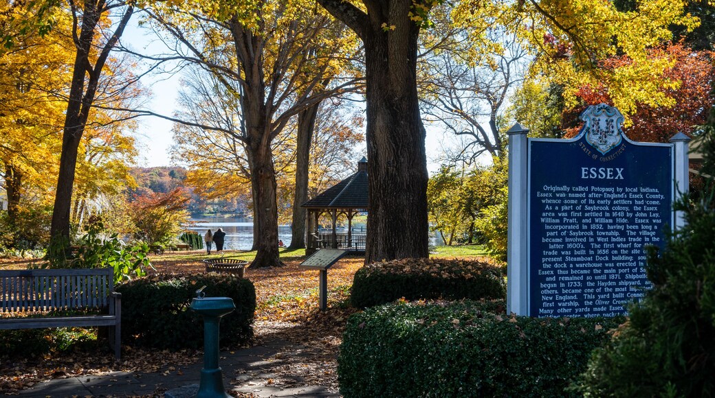 A public park in the New England town of Essex, Connecticut. A sign detailing the history of Essex is shown in the foreground.