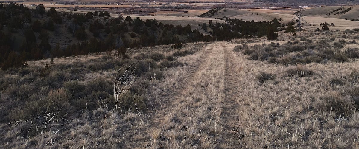 A sunset over a hilly landscape with a dirt path leading through a grassy field.