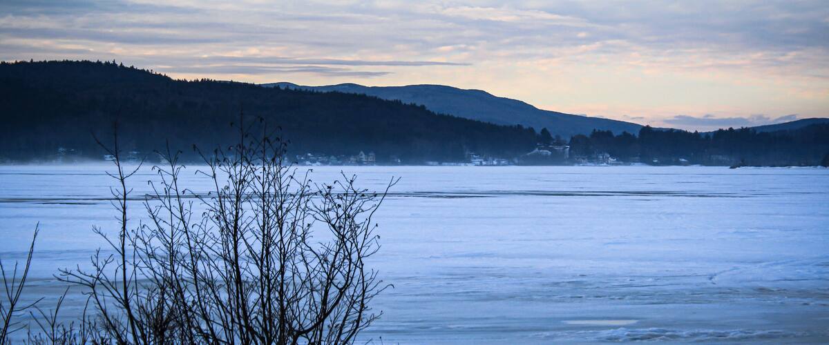 A frozen lake with bare trees in the foreground and hills in the background under a cloudy sky.