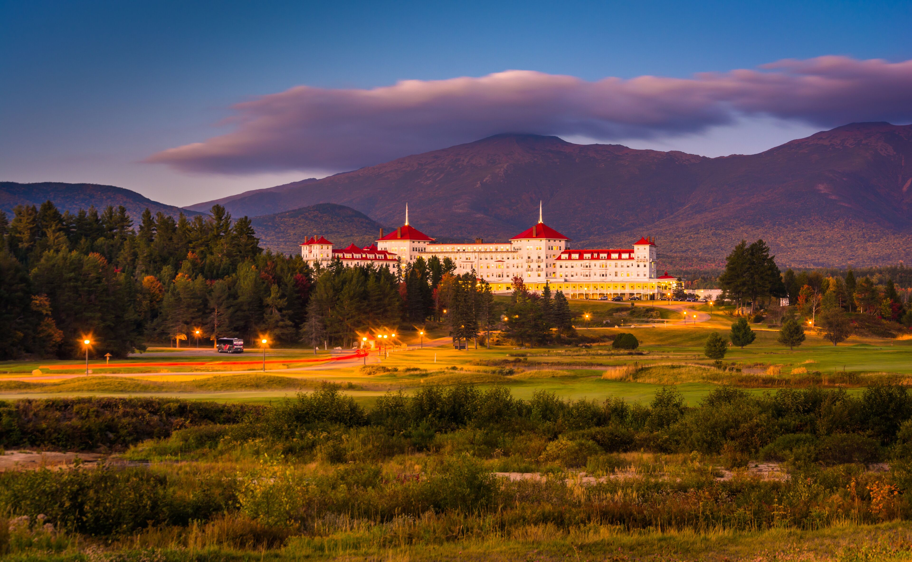 Late evening view of the Mount Washington Hotel in Bretton Woods