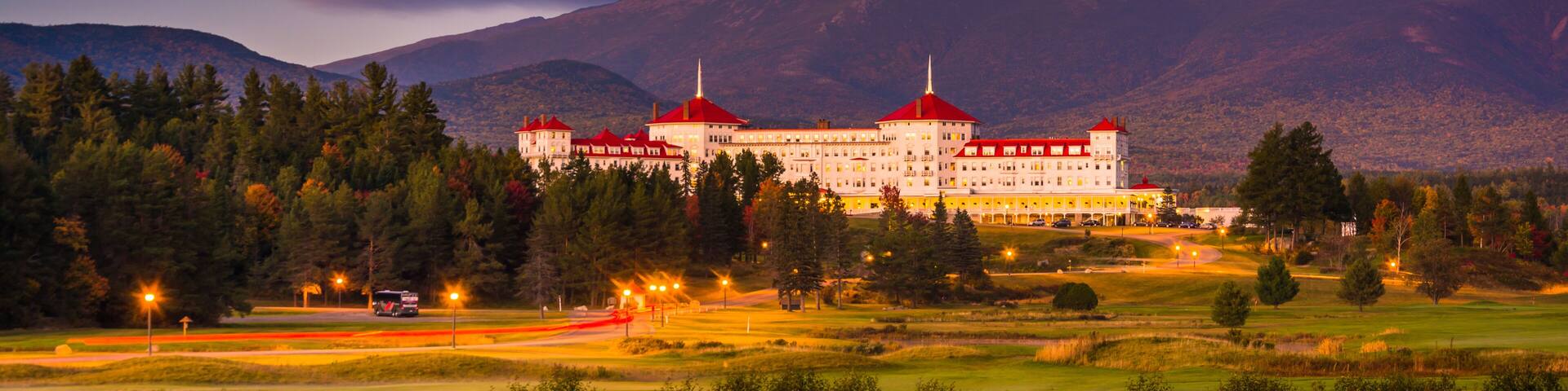 Late evening view of the Mount Washington Hotel in Bretton Woods