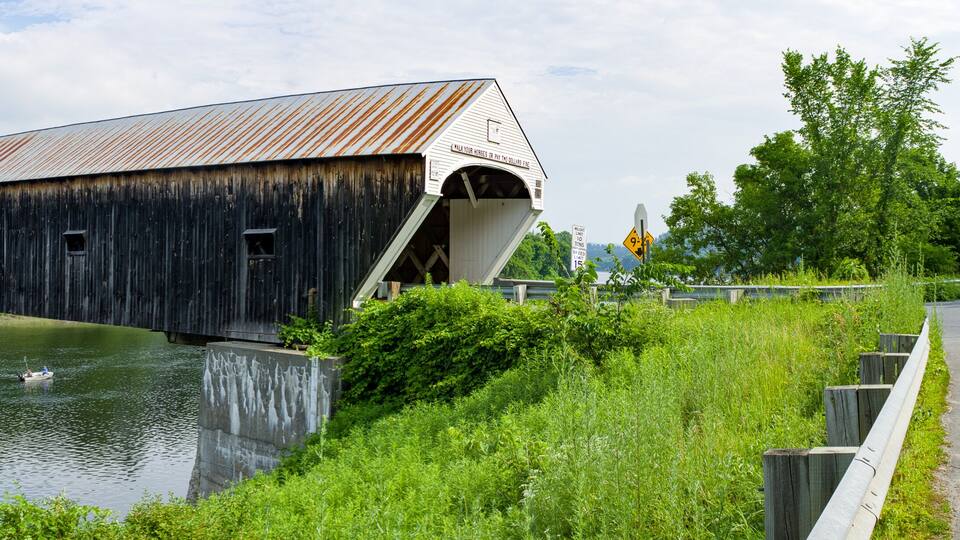 A covered bridge over a river with lush greenery and a clear sky.