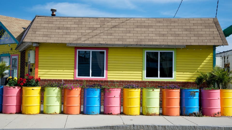 A yellow house with a brick facade, two windows, and colorful barrels lining the front.