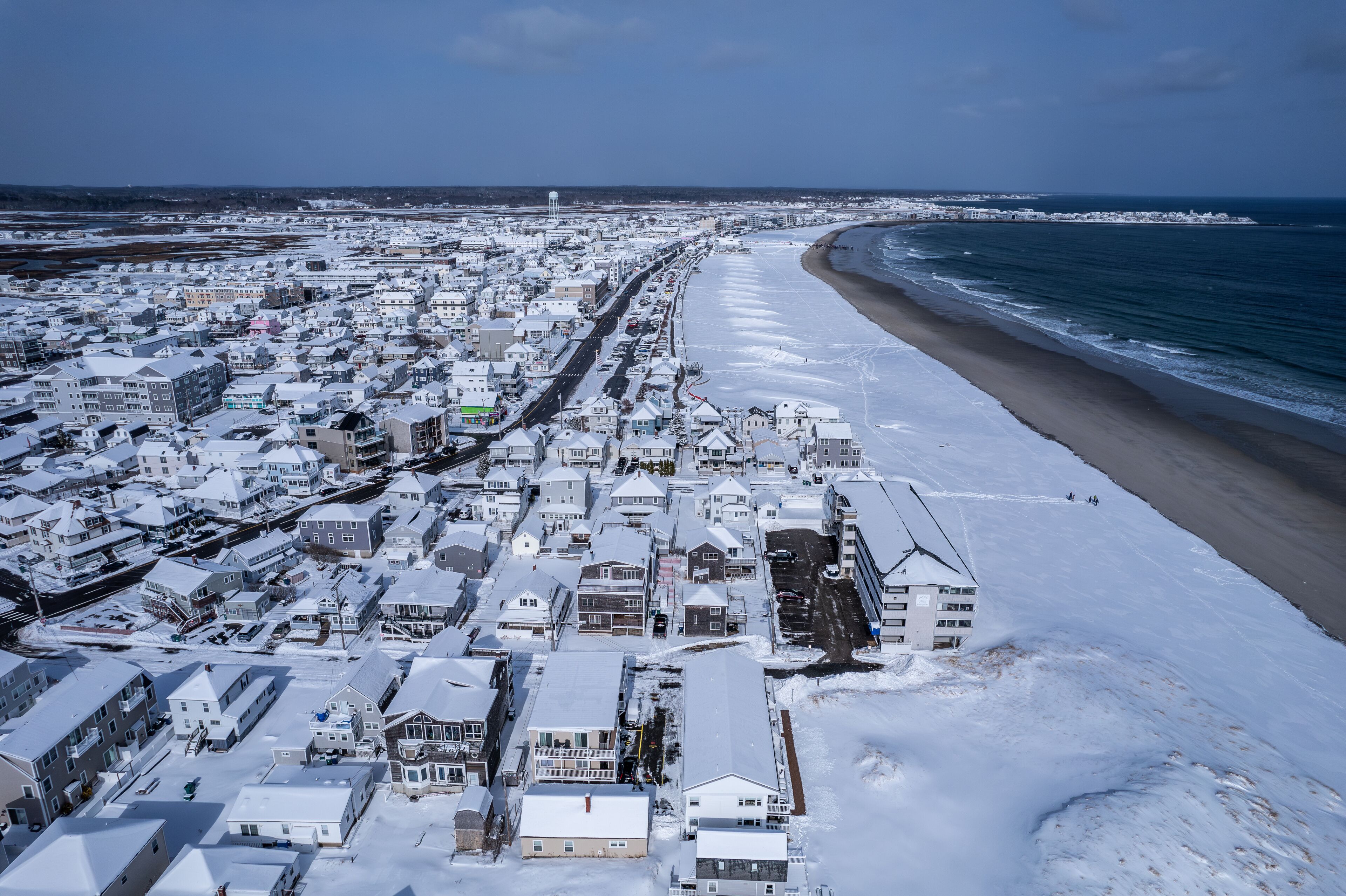 Aerial view of Hampton Beach, New Hampshire in winter with snow 
