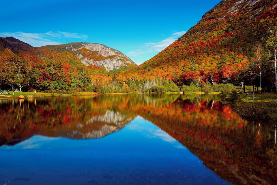 A lake reflecting colorful autumn foliage, surrounded by mountains and a clear blue sky.