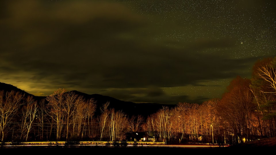 A night sky filled with stars over a forested landscape with a house in the foreground.
