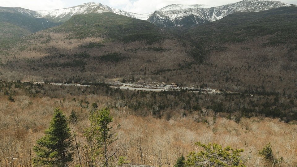 A mountainous landscape with snow-capped peaks, a forested valley, and a small settlement in the distance.