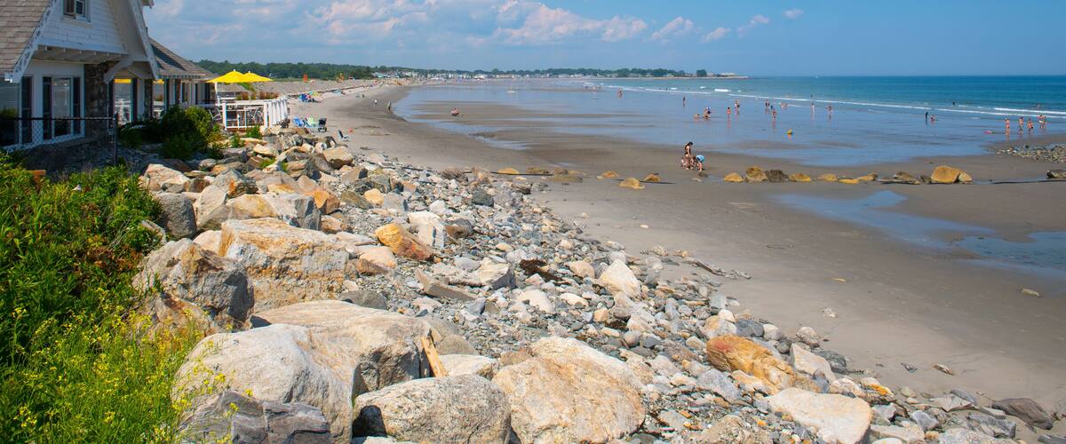 Sawyers Beach with Jenness State Beach in summer in town of North Hampton, New Hampshire NH, USA.