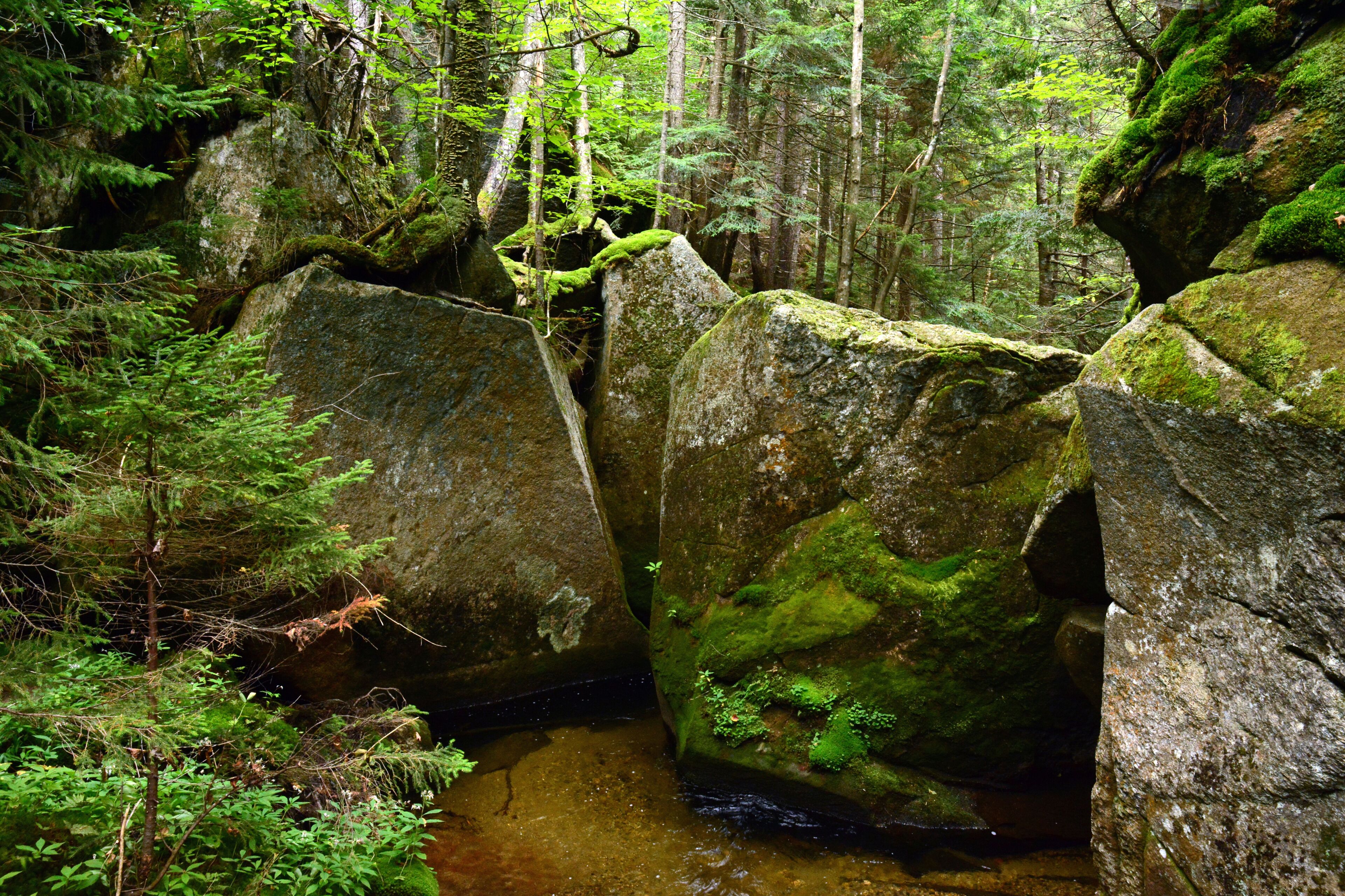 Huge boulders along the Lost River Gorge in New Hampshire.; North Woodstock, New Hampshire, USA.