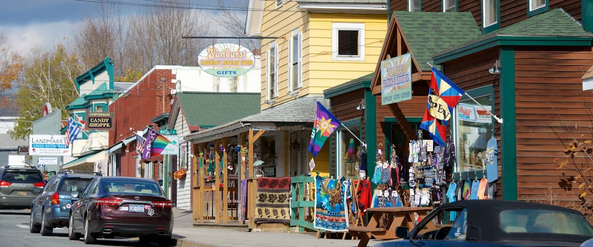A street with shops, including a jewelry store and a candy shop.