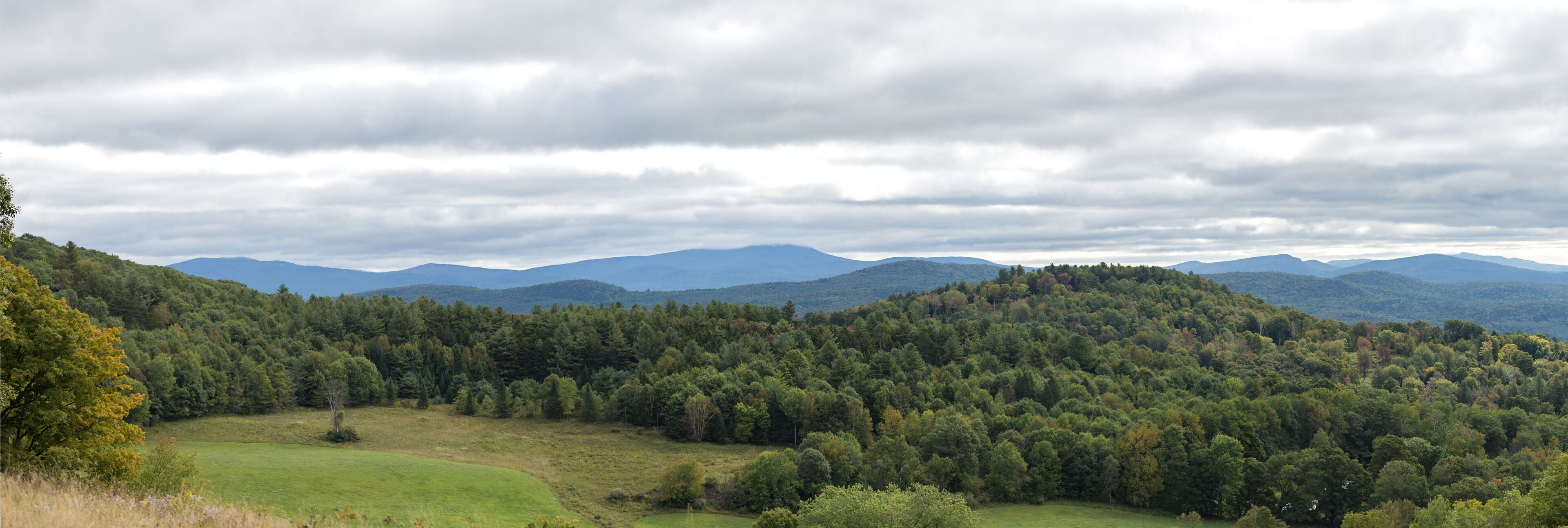 View of fields and hills of Vermont and New Hampshire in Connecticut River Valley