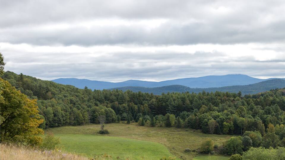 View of fields and hills of Vermont and New Hampshire in Connecticut River Valley