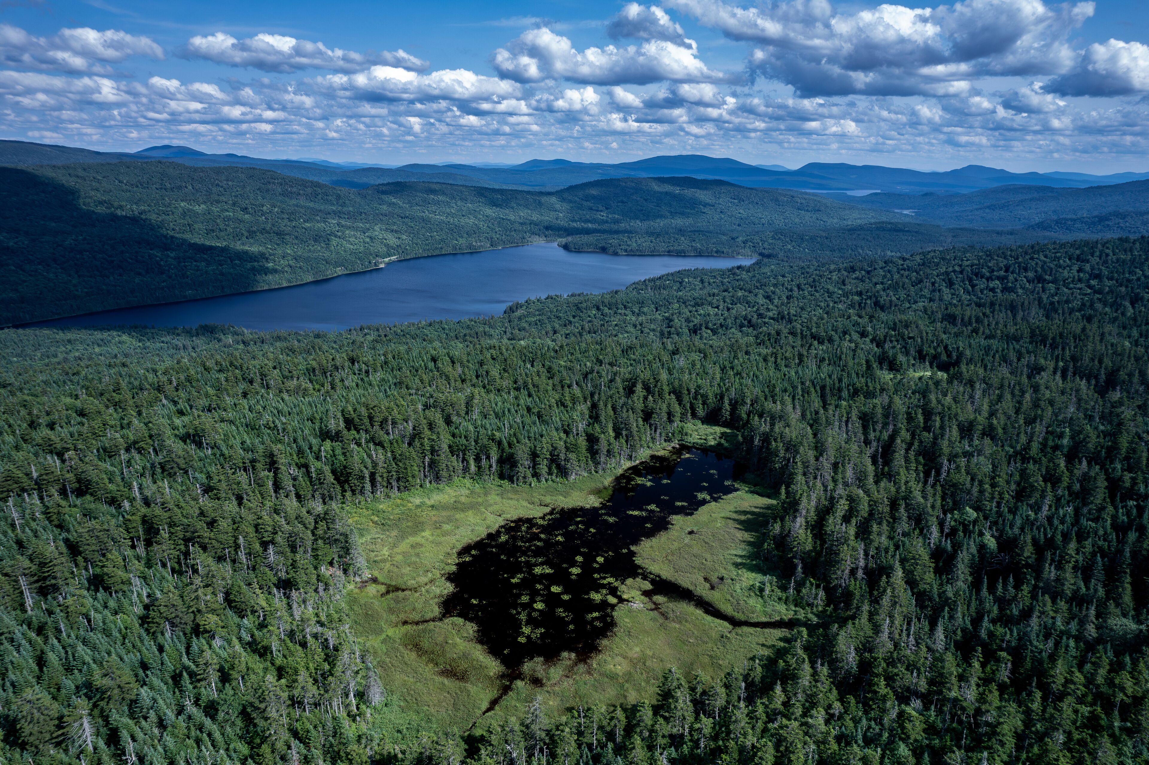 Aerial view of the Fourth and Third Connecticut Lake in summer. 
-Pittsburg, New Hampshire 