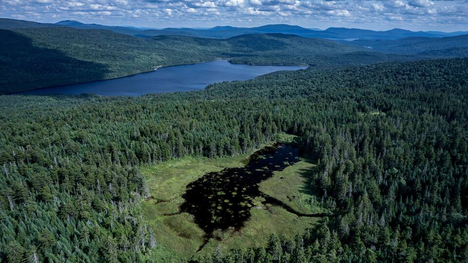 Aerial view of the Fourth and Third Connecticut Lake in summer.
-Pittsburg, New Hampshire