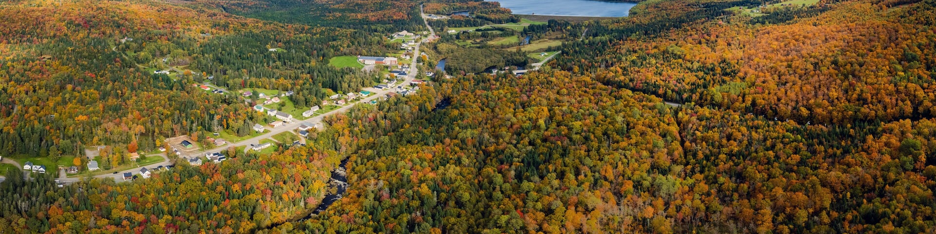 Aerial Panorama of Pittsburg, New Hampshire With Lake Francis During Fall Foliage Season