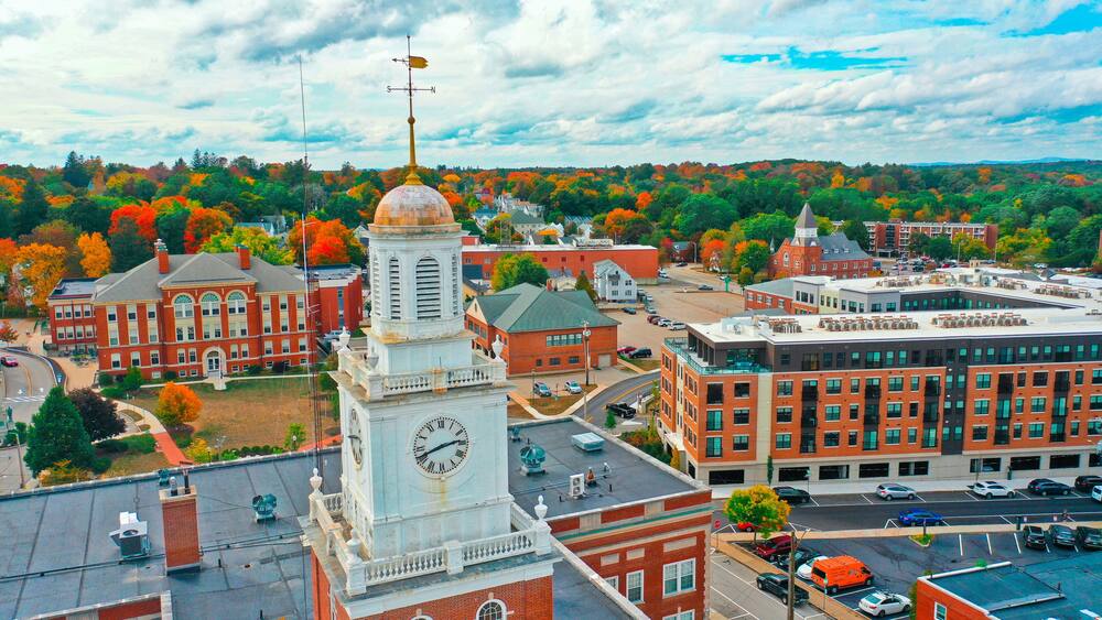Aerial Drone Photography Of Downtown Dover, NH (New Hampshire) During The Fall Foliage Season