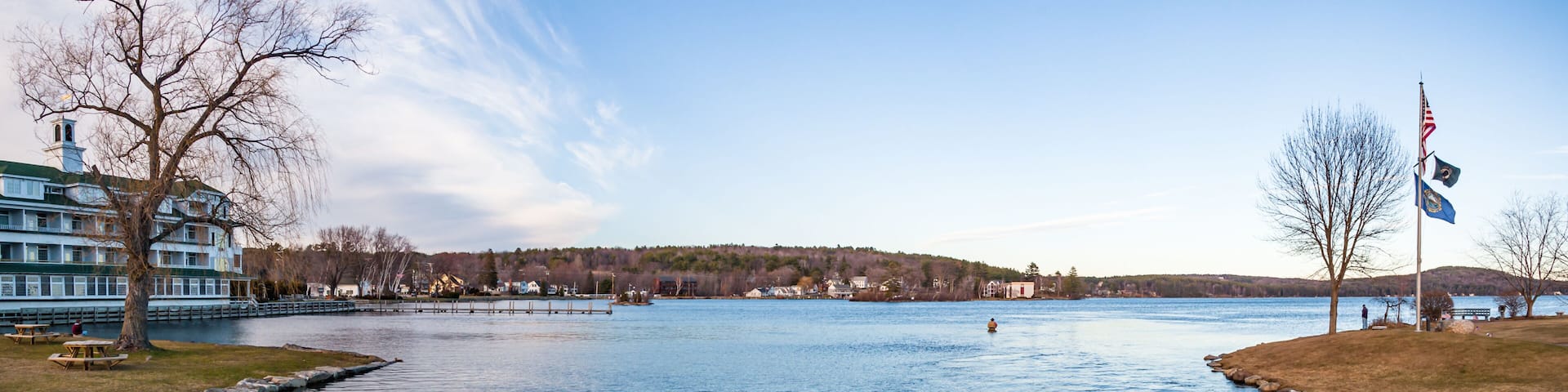 Late afternoon view of Lake Winnipesaukee from Meredith, New Hampshire, on a clear, crisp blue sky Spring afternoon.