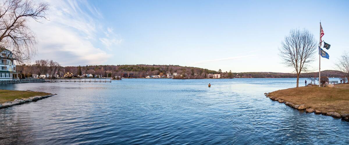 Late afternoon view of Lake Winnipesaukee from Meredith, New Hampshire, on a clear, crisp blue sky Spring afternoon.