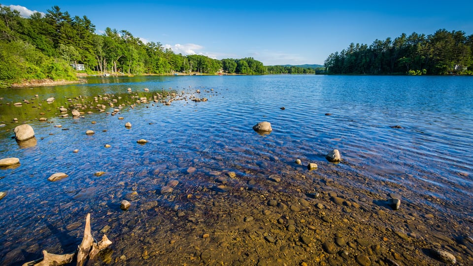 A clear lake with visible rocks and trees along the shore.