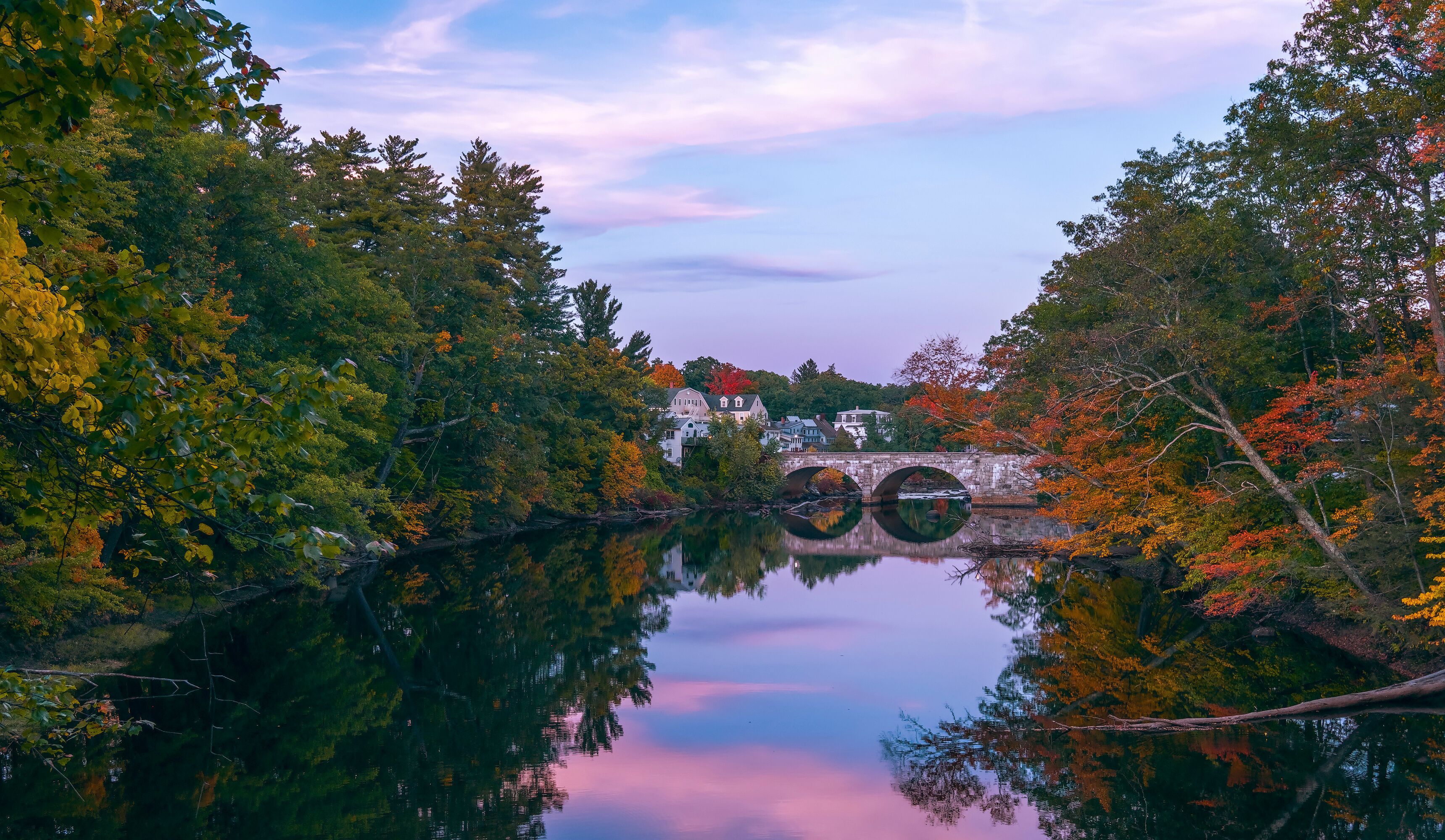 View of Contoacook River and Edna Dean Proctor Bridge.Henniker.New Hampshire.USA
