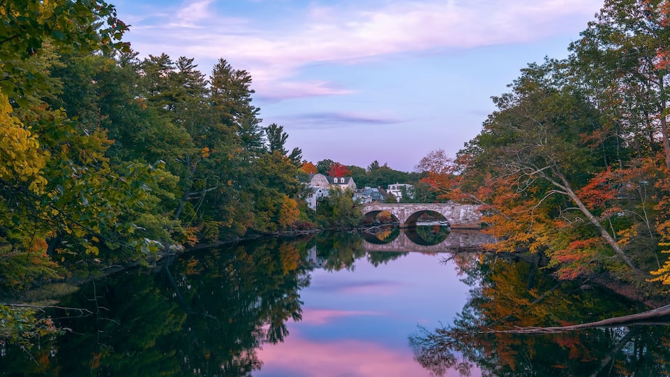 View of Contoacook River and Edna Dean Proctor Bridge.Henniker.New Hampshire.USA