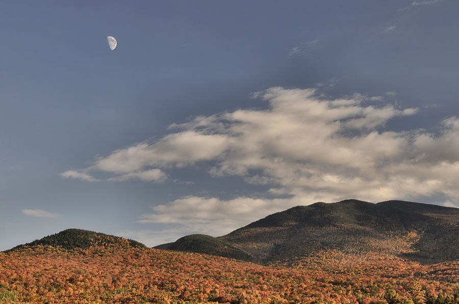 Late autumn afternoon in the White Mountains. Colorful fall foliage and deep blue sky with half moon rising above Twin Mountain in Carroll, New Hampshire.