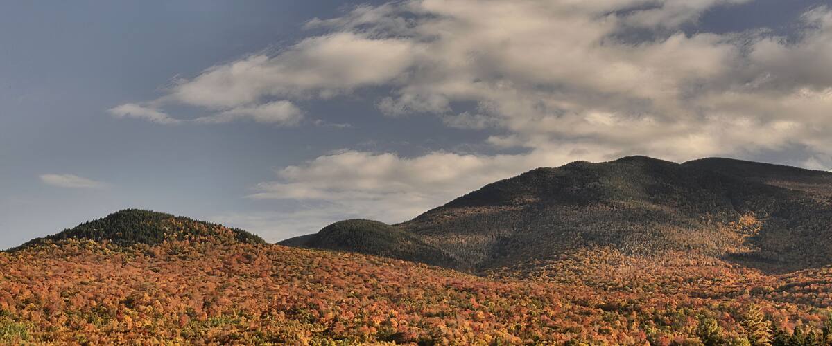 A mountain range with autumn foliage and a crescent moon in the sky.