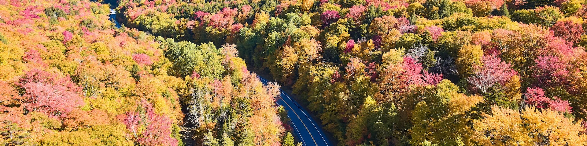 Peak fall foliage hills of New Hampshire with highway carved through from aerial view