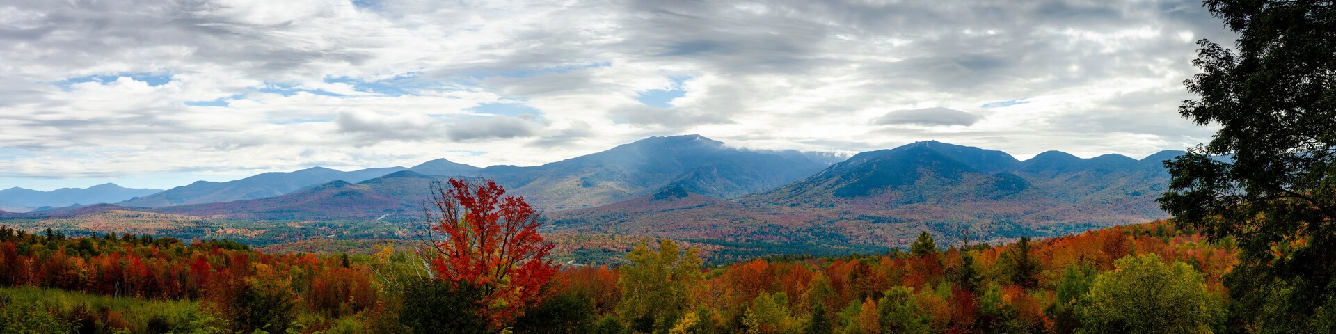 Panoramic view of mount Lafayette in the white mountains during fall foliage season