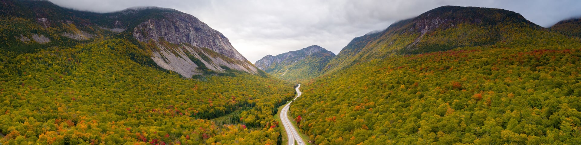 Franconia Notch autumn aerial panorama