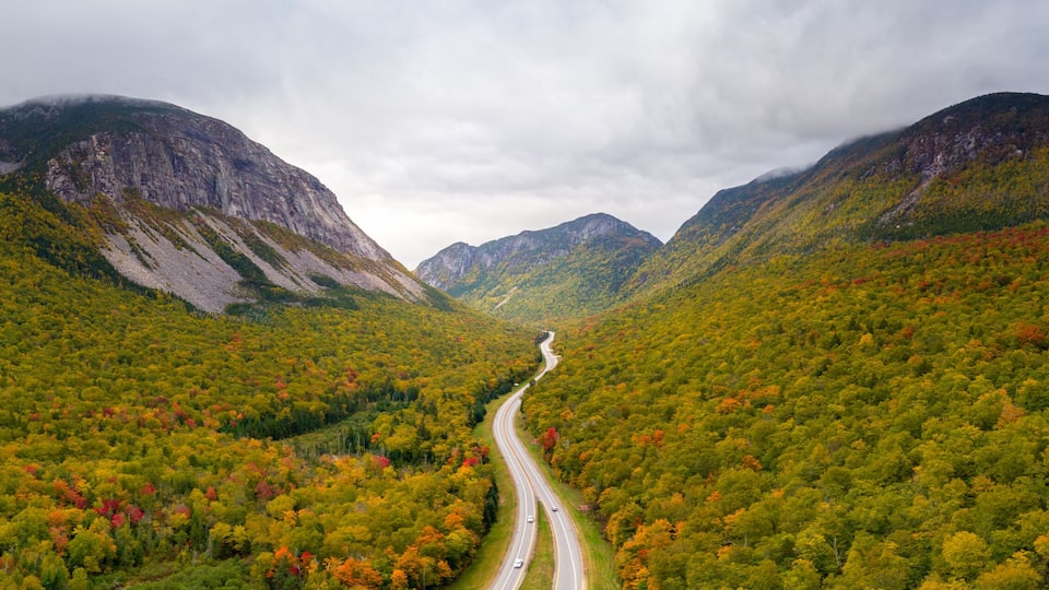 Franconia Notch autumn aerial panorama